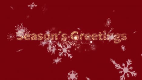 Animation-of-season-greetings-text-over-falling-snow-on-red-background