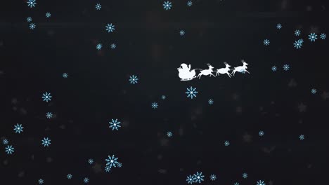 Animation-of-snow-falling-over-santa-claus-in-sleigh-with-reindeer-on-black-background