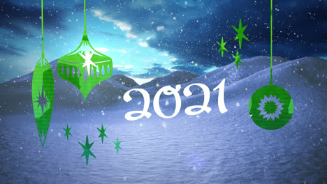 2021-Text--Und-Weihnachtsdekorationen-Hängen-Vor-Dem-Schnee,-Der-über-Der-Winterlandschaft-Fällt