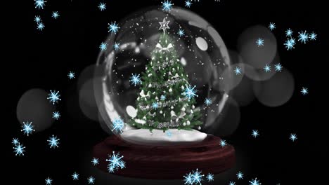 Snowflakes-floating-and-shooting-star-around-christmas-tree-in-a-snow-globe-against-black-background