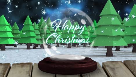 Shooting-star-around-happy-christmas-text-in-a-snow-globe-against-multiple-trees-on-winter-landscape