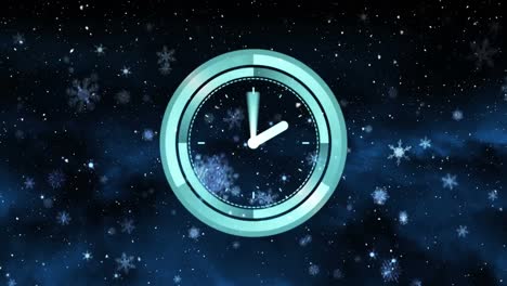 Neon-digital-clock-ticking-over-snowflakes-falling-against-blue-background