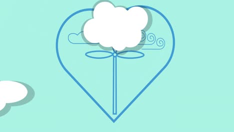 Animation-of-wind-turbine-in-heart-shape-with-white-clouds-on-blue-background