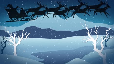 Animation-Des-Weihnachtsmanns-Im-Schlitten-Mit-Rentieren,-Der-Sich-über-Die-Winterlandschaft-Bewegt