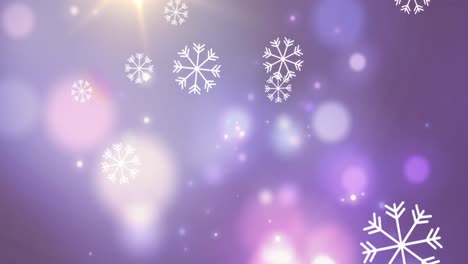 Digital-animation-of-snowflakes-falling-against-spots-of-light-on-purple-background