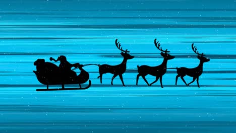 Snow-falling-on-santa-claus-in-sleigh-being-pulled-by-reindeers-over-light-trails-on-blue-background