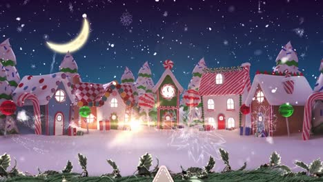 Frohe-Weihnachten-Text-Und-Schnee,-Der-über-Mehrere-Häuser-In-Der-Winterlandschaft-Vor-Dem-Nachthimmel-Fällt