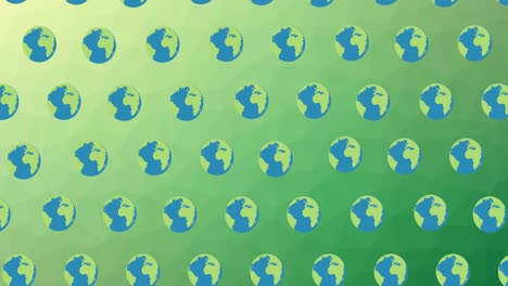 Animation-of-rows-of-multiple-globes-moving-together-on-green-background