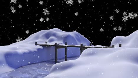 Animation-of-snow-falling-over-bridge-with-river-in-winter-landscape