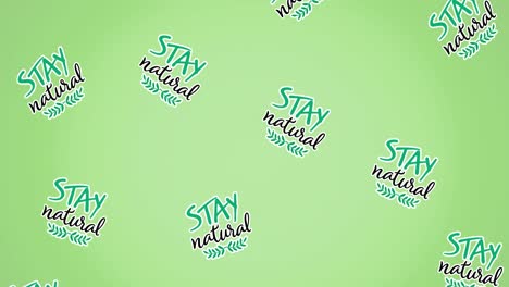 Animation-of-multiple-falling-stay-natural-text-and-logos,-on-green-background