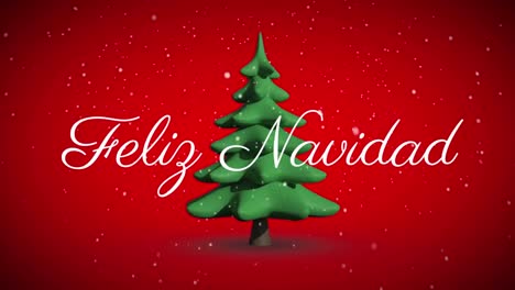 Feliz-Navidad-Text-Vor-Schnee,-Der-über-Das-Sich-Drehende-Weihnachtsbaumsymbol-Auf-Rotem-Hintergrund-Fällt