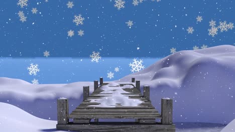 Animation-of-snow-falling-over-bridge-in-winter-landscape