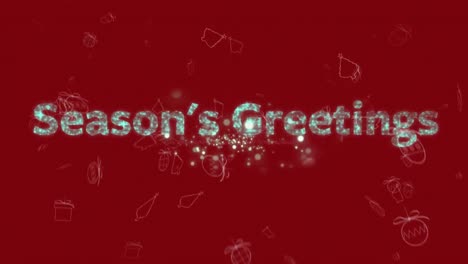 Animation-of-season-greetings-text-over-falling-christmas-decorations-on-red-background