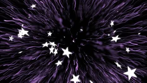 Animation-of-star-falling-over-purple-fireworks-on-black-background