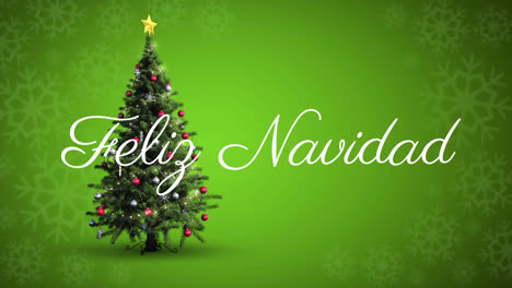 Feliz-Navidad-Text-Und-Schnee,-Der-über-Einen-Sich-Drehenden-Weihnachtsbaum-Und-Schneeflocken-Auf-Grünem-Hintergrund-Fällt