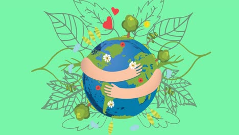 Animation-Von-Armen,-Die-Den-Globus-über-Blumen-Und-Blättern-Auf-Grünem-Hintergrund-Umarmen