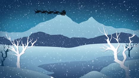 Snow-falling-over-santa-claus-in-sleigh-being-pulled-by-reindeers-over-winter-landscape