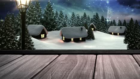 Animation-of-snow-falling-over-winter-landscape-and-wooden-board-surface