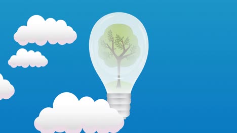 Animation-of-tree-inside-light-bulb-on-blue-sky-with-clouds