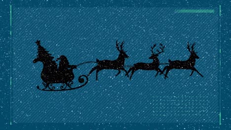 Interface-and-snow-falling-over-santa-claus-in-sleigh-being-pulled-by-reindeers-on-blue-background