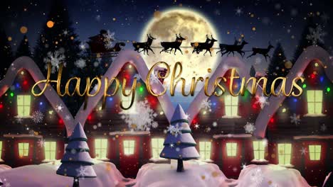 Texto-De-Feliz-Navidad-Y-Copos-De-Nieve-Cayendo-Sobre-Varias-Casas-En-El-Paisaje-Invernal
