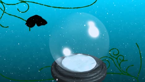 Animation-Von-Fallendem-Schnee-Und-Schmetterling-über-Der-Schneekugel-Auf-Blauem-Hintergrund