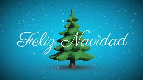 Feliz-Navidad-Text-Vor-Schnee,-Der-über-Das-Sich-Drehende-Weihnachtsbaumsymbol-Auf-Blauem-Hintergrund-Fällt