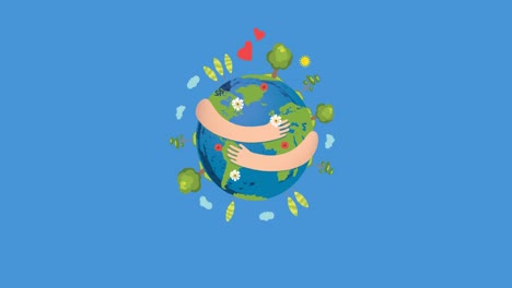 Animation-of-arms-hugging-globe-with-plants-on-blue-background