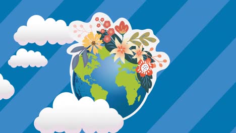 Animation-of-globe-with-flowers-on-striped-blue-sky-and-clouds