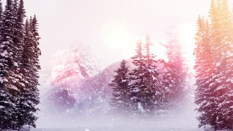 Spots-of-light-and-snow-falling-over-winter-landscape-with-multiple-trees-and-mountains