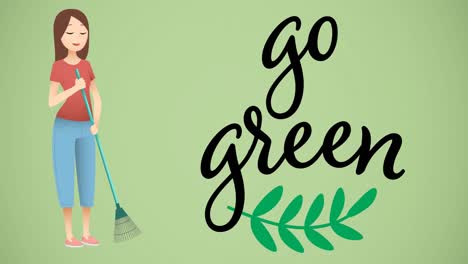 Animation-of-go-green-text-and-leaf-over-woman-with-rake-on-green-background