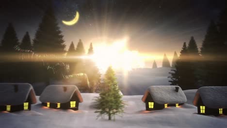 Happy-holidays-text-over-winter-landscape-with-houses-and-trees-against-night-sky