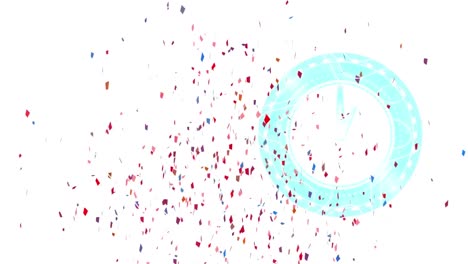 Animation-of-colorful-confetti-falling-over-clock-on-white-background