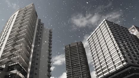 Digitale-Komposition-Von-Schnee,-Der-Gegen-Hohe-Gebäude-Fällt