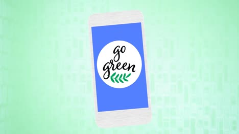 Animation-of-go-green-text-and-leaf-logo-on-blue-smartphone-screen,-on-green-background