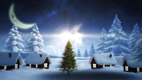 Merry-christmas-text-over-winter-landscape-with-houses-and-trees-against-night-sky