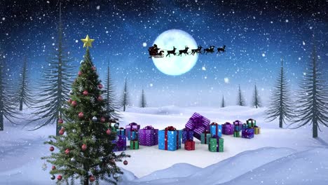 Schnee-Fällt-über-Weihnachtsbaum-Und-Weihnachtsgeschenke-Auf-Winterlandschaft-Gegen-Nachthimmel