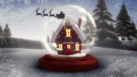 Animation-of-santa-claus-in-sleigh-with-reindeer,-snow-globe-and-winter-landscape