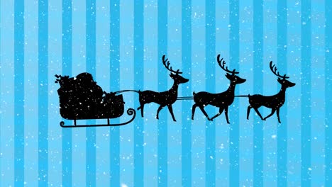 Snow-falling-over-santa-claus-in-sleigh-being-pulled-by-reindeers-against-striped-blue-background