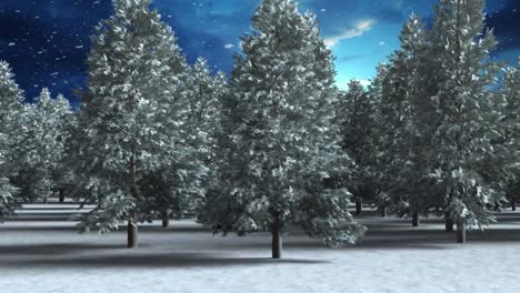 Snow-falling-over-multiple-trees-on-winter-landscape-against-blue-sky