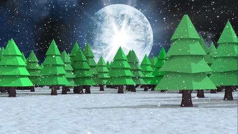 Snow-falling-over-multiple-tree-icons-on-winter-landscape-against-moon-in-the-night-sky