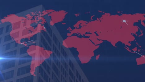 Animación-De-Red-De-Conexiones-Con-Mapa-Mundial-Sobre-Paisaje-Urbano