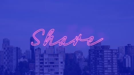 Animation-of-pink-neon-share-text-over-cityscape