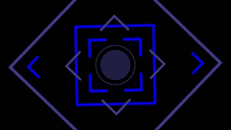 Animation-of-rotating-blue-square-scope-on-black-background,-with-blue-and-white-lines-passing