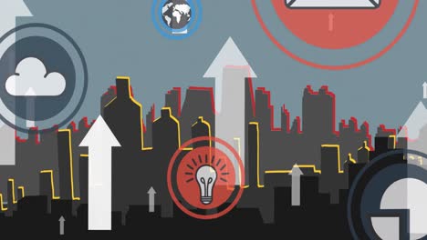 Animation-of-arrows-ans-icons-over-city-scape