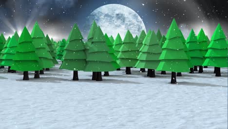 Snow-falling-over-multiple-tree-icons-on-winter-landscape-against-moon-in-the-night-sky