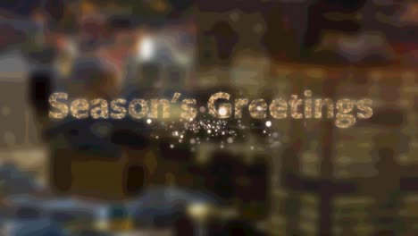 Seasons-greeting-text-over-fireworks-bursting-against-aerial-view-of-night-cityscape