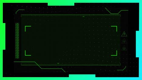 Animation-of-green-rectangular-scope-moving-on-black-background,-with-passing-green-and-white-lines