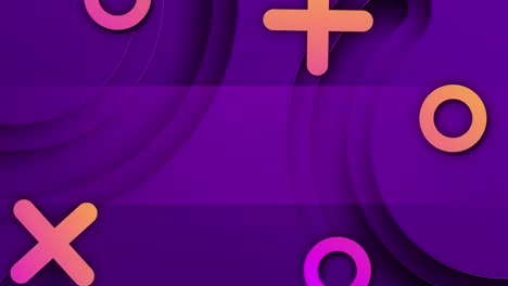 Animation-of-orange-and-pink-crosses-and-rings,-floating-upwards-on-purple-background