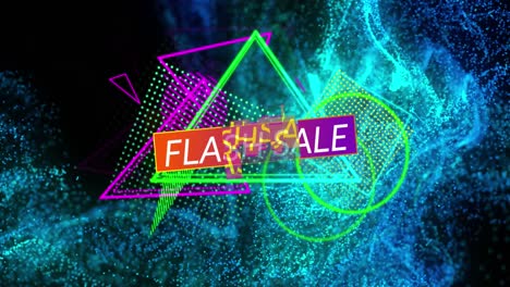 Animation-of-flash-sale-text-over-moving-blue-waves-and-colorful-shapes